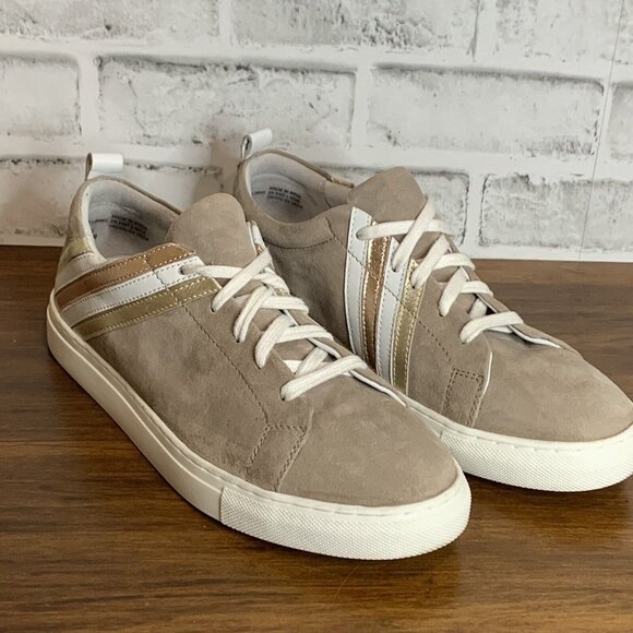 Seychelles Anthropologie Womens 9 Taupe Suede Gold Metallic Stripes Sneakers EUC - Picture 1 of 10